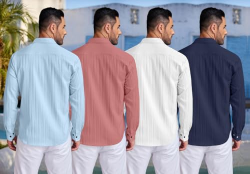 Image of FINIVO FASHION Combo of Men's Casual Cotton Plain Button Down Shirt Long Sleeve Textured Summer Beach Shirt for Men Pack of 4