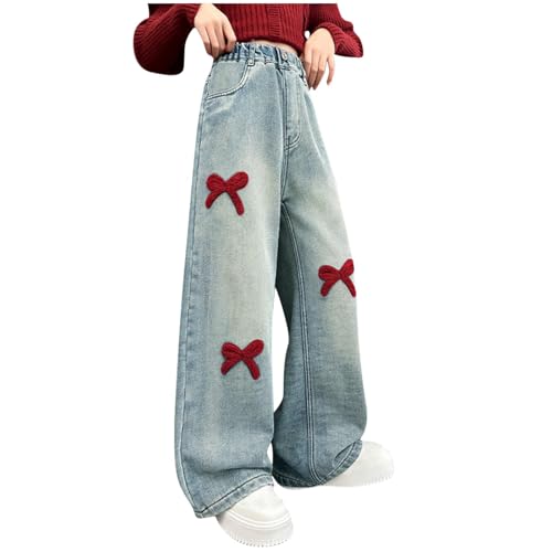 Girls Cute Bow Graphic Elastic Waist Jeans Wide Leg Loose Comfy Summer Kids Denim Pants for 5-15 Years