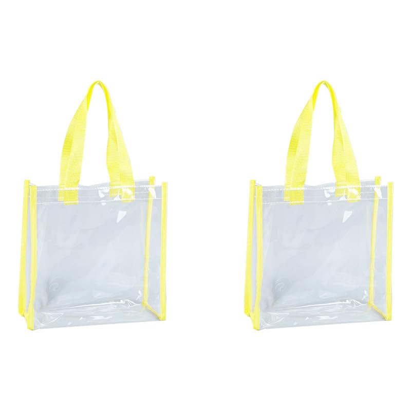 2PCS Clear gift bag,Transparent Reusable Gift Wrap Bags With Handle,PVC Shopping Tote Beach Bag,With Light Yellow Webbing Lace,20 * 20 * 10CM