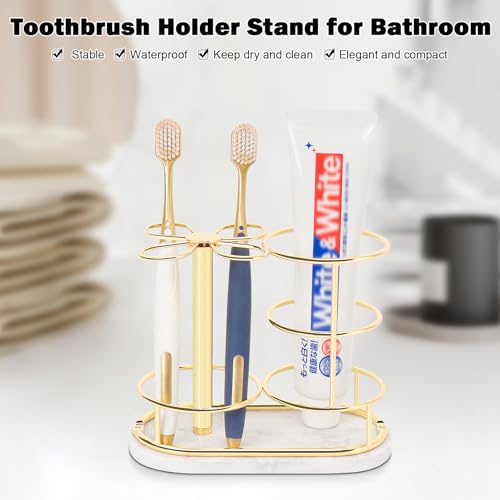Image of Toothbrush Holder Stand for Bathroom, Metal Toothbrush Organizer with Marble Base, Toothbrush Storage Collection for Family, Suitable for Home Hotel Countertop Vanity (Medium, Gold)