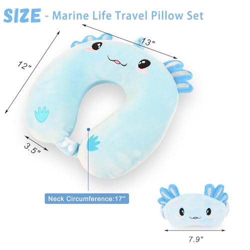 Image of Travel Pillow, Kids Travel Pillow with Sleep Eye Mask Soft Memory Foam Kids Neck Pillow for Boys & Girls, Travel Accessories for Car Airplane Traveling - Blue Axolotl