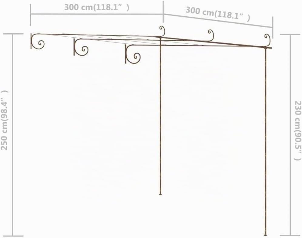 Diagram showing the dimensions of the pergola: 300 cm (118.1 inches) width, 300 cm (118.1 inches) depth, and 250 cm (98.4 inches) height for the front posts, 230 cm (90.5 inches) for the back posts.