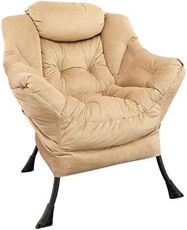 GOLDSUN Velvet Fabric Accent Chair Lazy Reclining Armchair with Removable Metal Legs and a Side Pocket, Comfy Upholstered Single Leisure Sofa Chair for Living Room, Bedroom, Office (Beige)