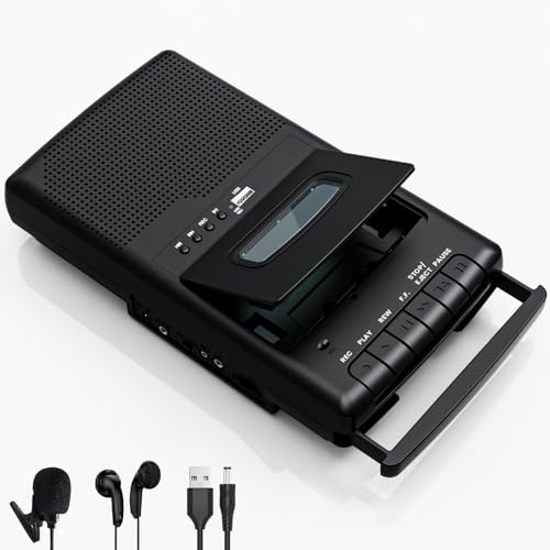 Tragbarer Kassettenrecorder mit One Touch Aufnahme, Mobiler Kassettenspieler & USB-Digitalisierer,Kassettenspieler-Recorder,eingebauter Lautsprecher, ausziehbarer Griff, 3,5-mm-Kopfhörer,Schwarz