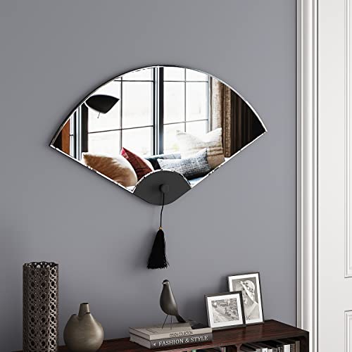 Shyfoy Large Wall Mirror For Living Room Decor Fan-Shaped Decorative Wall Mirrors Irregular For Porch,Dining Room Wall Decor Accent Mirror,Black Frame With Removable Pendant 32" X 18" #TOP2