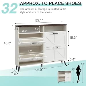 Shoe Storage CabinetFarmhouse Shoe Organizer with 4 Flip Drawers Barn Door DesignFreestanding Hidden Slim Narrow Shoe Rack with Open Shelves for EntrywayFoyerHallwayAntique White