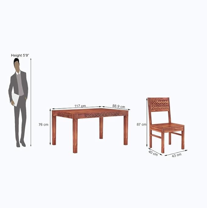 Image of Solid Sheesham Wood Dining Table Set with Chairs | Brown Modern Decorative Dining Set for Home /Office /Dining Room /Hotels | Comfortable Seating, Brown 4 Seater