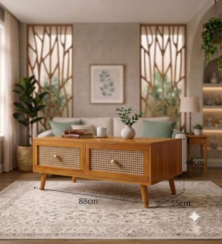 Image of Solid Sheesham Wood Coffee Table & Center Table for Living Room with Rattan Cane Lift-Down Shutter & Open Shelf, Solid Wooden Teapoy for Sofa with Storage | Tea Table (A-Honey)