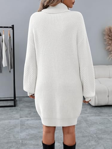 Image of Women's Turtleneck Textured Lantern Sleeve Ribbed Knit Mini Dress Pullover Oversized Sweater Dresses S-XL
