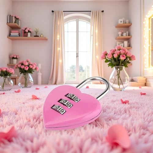Image of Pink Love Heart Shape Combination Padlock for Girls Women, Mini 3-Digit Password Resettable Code Locker Lock for School,Padlocks and Hasps