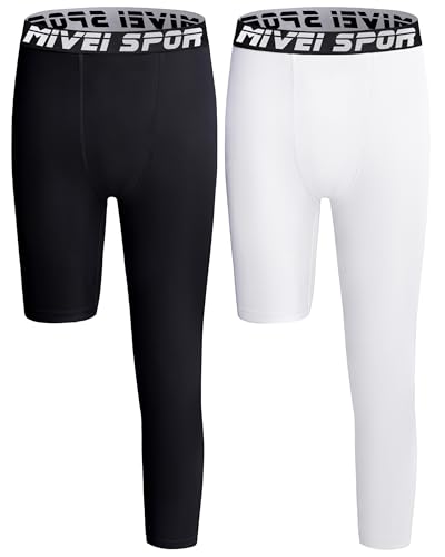 MIVEI Youth Boys One Leg Compression Pants Basketball Leg Sleeve Girls Single Tights Kids 3/4 Leggings Sports Base Layer