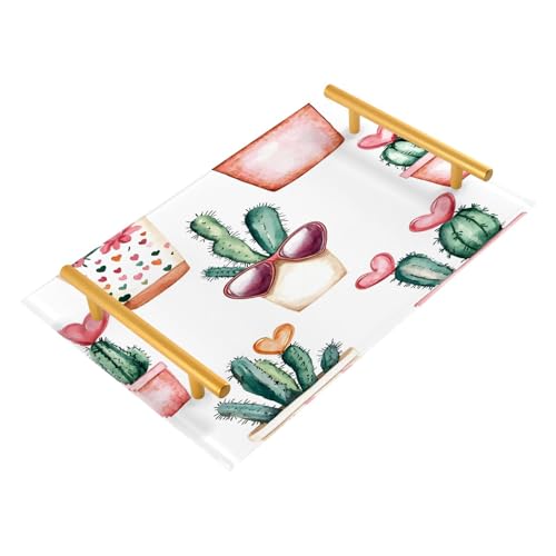 Wassud Bathroom Vanity Tray with Handles Cacti with Hearts Acrylic Jewelry Perfume Organizer for Bathroom Kitchen Counter 11.81
