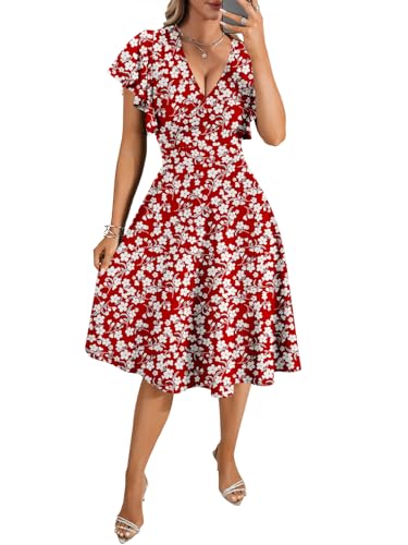 Image of LYANER Women's Warp V Neck Ruffle Short Sleeve A Line Swing Flared Cocktail Party Midi Dress