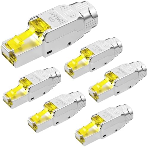 Shielded Rj45 Connector Tool-Free 6 Pcs【EC Listed】 CAT6 Field Termination Plug Gold Plated Modular Plug STP Connector Tool Less for Network Cable(CAT6)