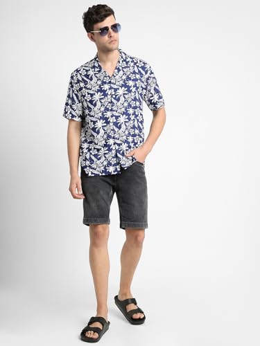 Image of Dennis Lingo Men's Rayon Blue Printed Relaxed Fit Cuban Collar Half Sleeve Casual Shirt