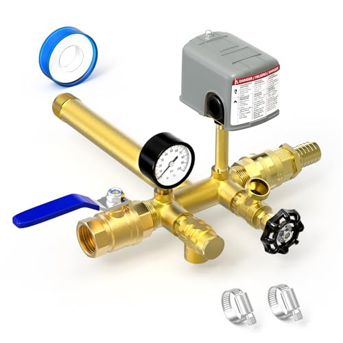 MEANLIN MEASURE Brass Well Pressure Tank Tee Kit with 40-60Psi Pressure Switch Ball Valve Switch and Heavy Duty Check Valves Fit Most Well Pressure Tanks with Diameters Up to 16