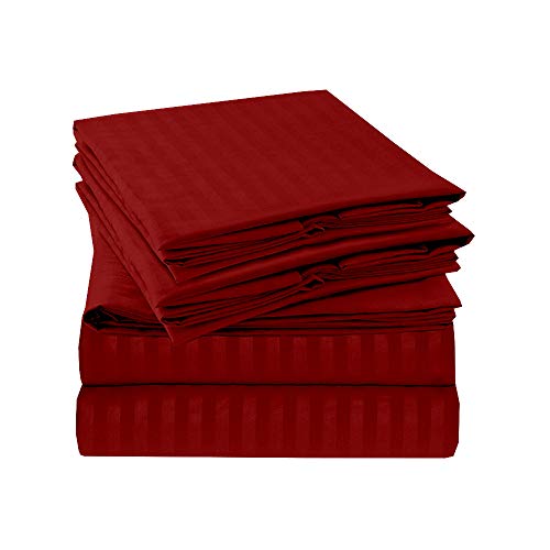 Double Size Bedding Sheet Set 6 Pcs Made of 100% Cotton Bedding Sheets Burgundy Stripe Include Fitted Sheet (135 Cm X 190 Cm) 35 Cm Drop with Flat Sheet and 4 Pillow Covers of 6 Piece Bedding Set