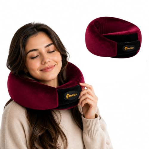 Image of TRAVESSA Memory Foam Neck Pillow | Travel Neck Pillow for Pain Relief | Ergonomic Airplane Neck Pillows | Adjustable & Washable Travel Pillow for Flight and Car with Free Travel Pouch | Soft Wine