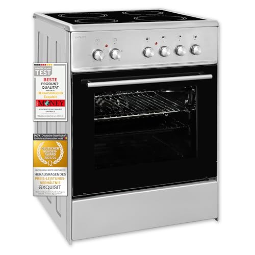 Exquisit Elektro-Standherd ECM 6-4 Inox | Standherd 60cm mit Glaskeramik Kochfeld | Ober- & Unterhitze | Umluft | Elektroherd freistehend 60 cm