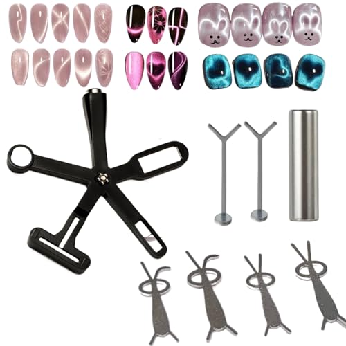 QCBFN 8 Piezas Iman Ojo de Gato Uñas, 6 en 1 Imán de Diseño de Uñas, Imanes para Uñas Herramientas para Decoración de Uñas, Bolígrafos Magnéticos Cilíndricos, con Conejo y Corazón