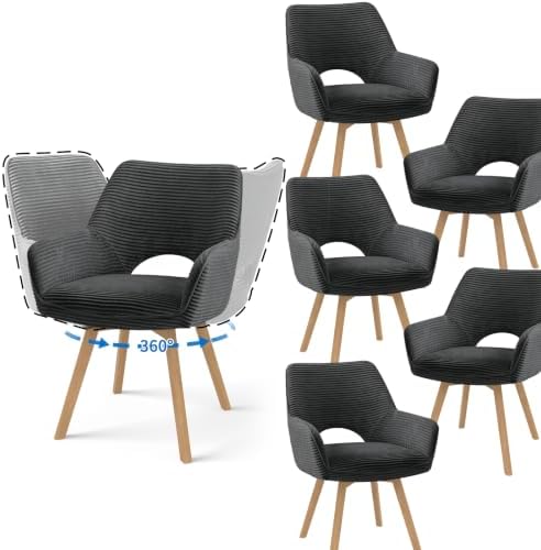 JIJIAN 6er Set 360° Drehbare Esszimmerstühle mit Armlehnen, Anthrazitgrau | Drehbar Stühle Esszimmer mit Holzbeinen, Moderner Küchenstuhl aus Cord, Polsterstuhl für Esszimmer, Küch