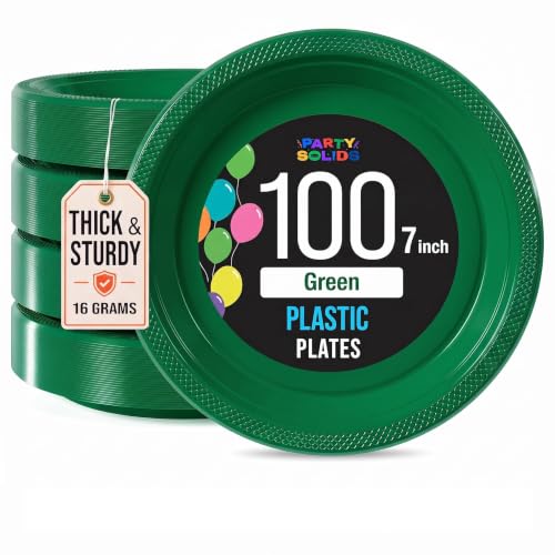 Party Solids Emerald Green Plastic Plates For Party 7" Emerald Green Disposable Plates For Party Supplies 100 Pcs Plastic Dinnerware Sets Heavy Duty 350 GSM Disposable Dinnerware Set
