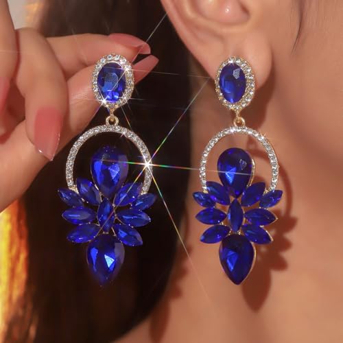 Chargances Vintage Royal Blue Rhinestone Statement Earrings Chic Crystal Teardrop Dangle Earrings for Wedding Women Brides2