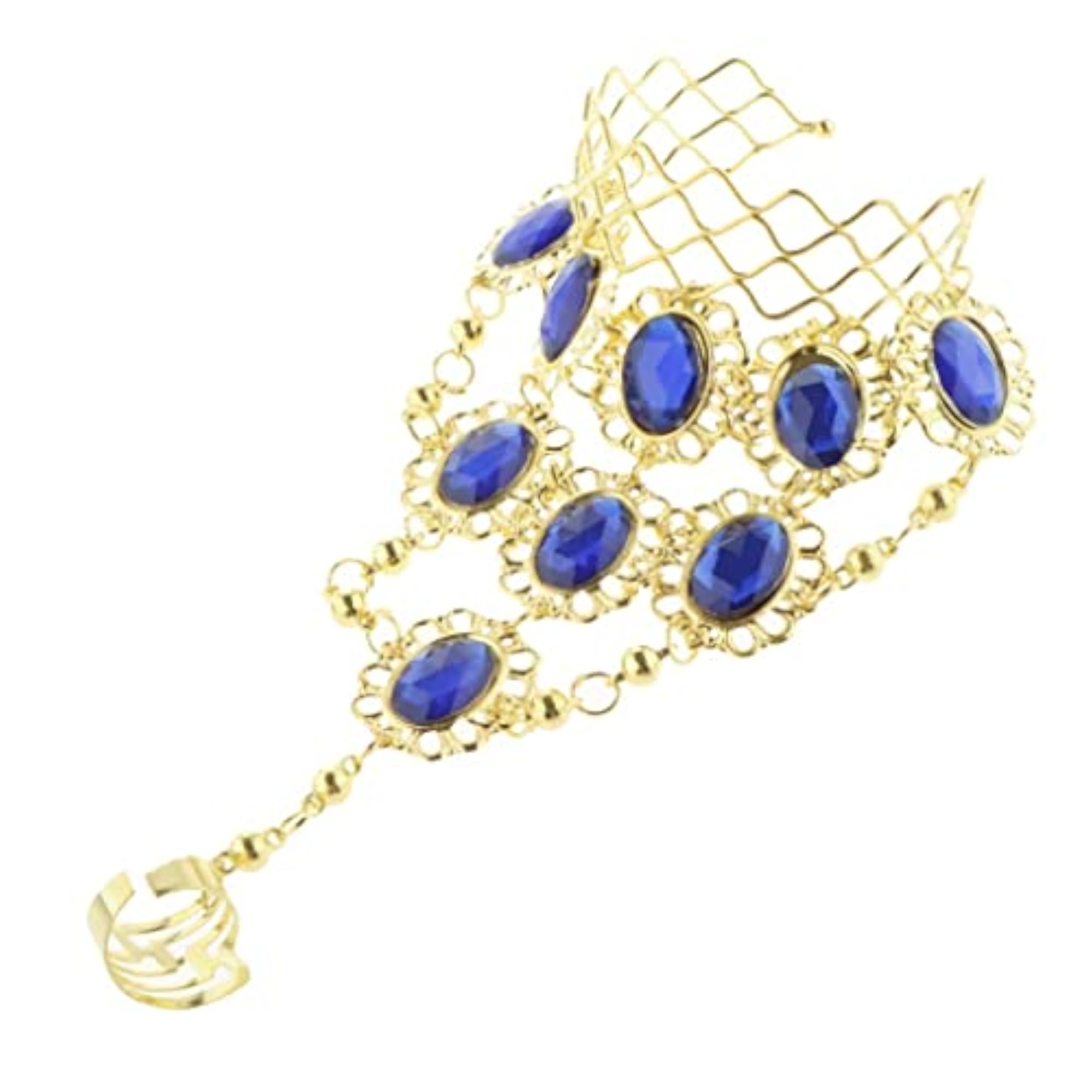 Belly Dancing Bracelet with Finger Ring, Blue, Set of 5