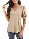 Imily Bela Womens V Neck T Shirts Casual Puff Short Sleeve Loose Dressy Blouses Summer Tops Khaki