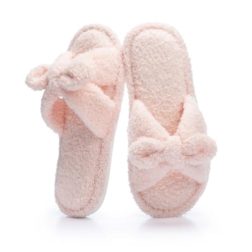 TUOBUQU Cute Bow Slippers for Women Fuzzy Open-toe Slippers Soft Comfy Memory Foam Indoor House Shoes Pink42/43
