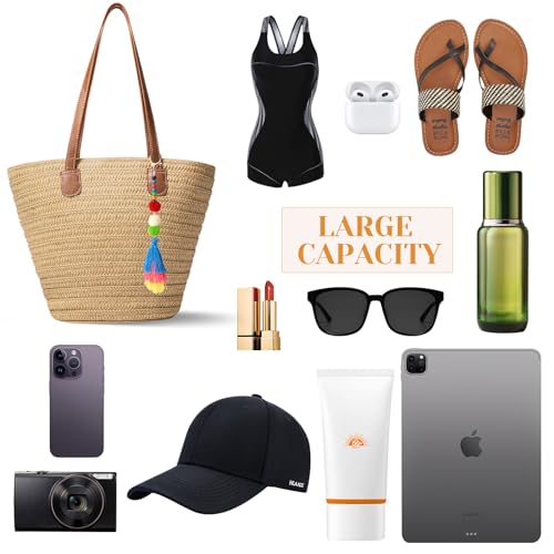 Image of Trifabricy Beach Bags for Women, Woven Straw Tote Bags,Large Beach Bag, Weaving Swim Shopping Travel Bag Waterproof
