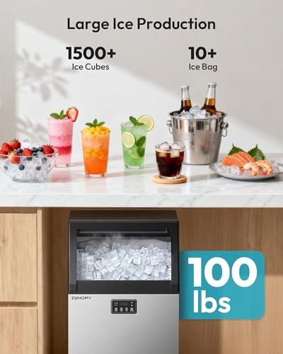 Image of EUHOMY Commercial Gourmet Ice Maker Machine,100lbs /24H, Under Counter Ice Maker with 33lbs Storage, Non-Clumping Design,24pcs Hat Cubes Per Cycle, Freestanding Ice Maker for Home /Bar /Cafe /Restaurant