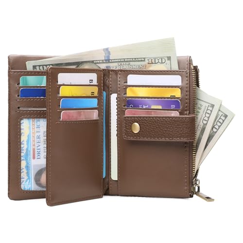 Image of SENDEFN Small Wallet for Women Leather RFID Blocking Wristlet Wallet Credit Card Holder with Double Zipper Coin Purse Ladies Bifold Purse