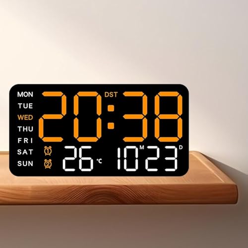 Image of EASEPRES Digital Wall Clock 9 inch LED Large Display, Electronic Wall Mounted & Desk Clock, Day Date Temperature Dual Alarm, 5-Level Adjustable Brightness, USB Powered for Bedroom Office Home (Orange)