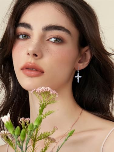 Seiyang Cross Birthstone Earring 925 Sterling Silver Cross Dangle Drop Earrings with 12 Months Birthstone Religious Christian Jewelry Gifts for Women Mom Her2