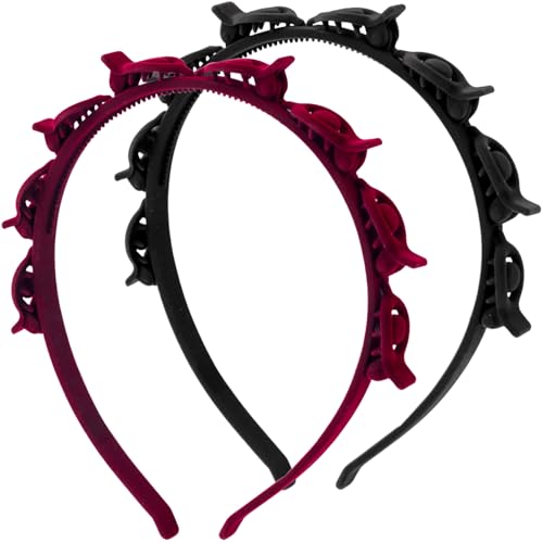 YALOJE 2 Pcs Headband with Clips 90s Butterfly Hair Clips Headband with Teeth for Women Flocking Braided Weave Bangs Non-Slip Clip Headbands Accessories for DIY Styling Decoration- Black Wine Red