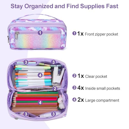 Image of Large Pencil Case for Boys, Durable Pencil Pouch for School, Wide Opening Soft Bag with Handle, Fits 50 Pens & Markers (Purple Unicorn)
