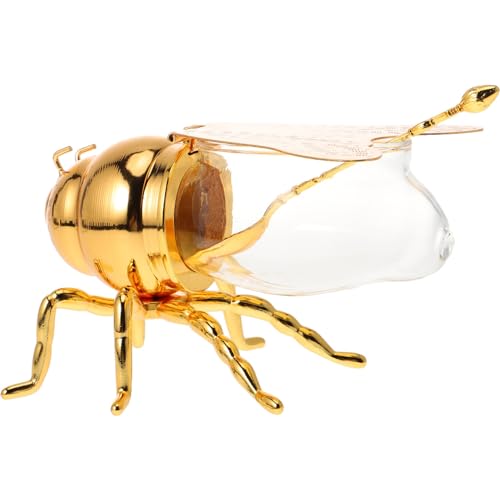 Luxshiny Bee-shaped Honey Jar, Glass Honey Pot Container Syrup Dispenser Crystal Condiment Pot Oil Spices Jar Sugar Holder Bowl Cute Bee Statue for Kitchen Home Decor
