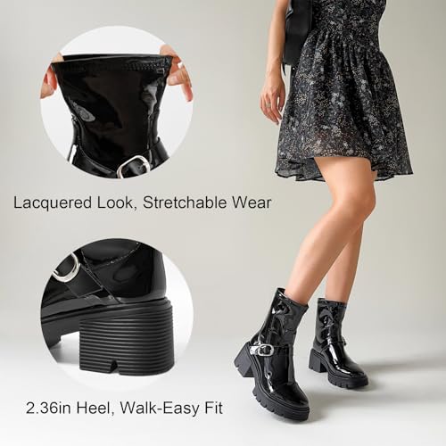 Women's Mid Calf Boots Patent Round Toe Chunky Heel Platform Ankle Boots Trendy Slip on Moto Combat Booties3