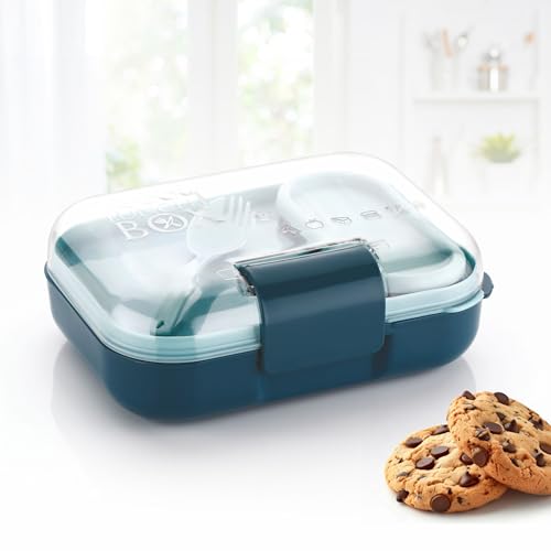 Image of ATTRO Food Bite Kids Plastic Lunch Box 3 Compartments, 1 Small Container & Spoon, with Stylish Lid BPA-Free, Freezer Safe, Ideal for School, Travel & Outdoor - Blue, 500 ml