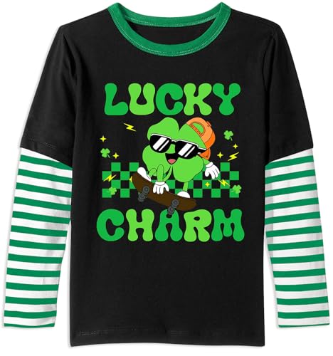 Image of Unisex Kid's St Patrick's Day Shamrock Top Striped Patchwork Irish Clover Long Sleeve Shirt 4-14 Years
