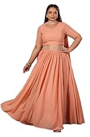 Janasya Women's Plus Size Peach Georgette Foil Printed Gathered Lehenga Choli Set (XLB24LC00564-3XL)