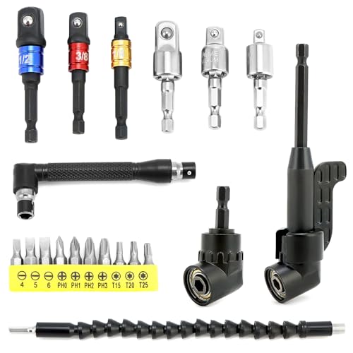 QWORK 20 Stück Winkelschrauber Set 2 x 105 Winkelschrauber Vorsatz Adapter 1 x Bohrer Verlängerung 6 x Stecknuss Adapter 10 x silbernes bit 1 x L -Schraubenschlüssel
