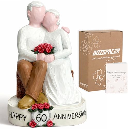 Bozspacer 60th Wedding Anniversary Couple Figurine Gift for Parents Happy 60th Anniversary Decoration Diamond Wedding Keepsake Statue for Husband Wife 60 Years Marriage Gift for Couple