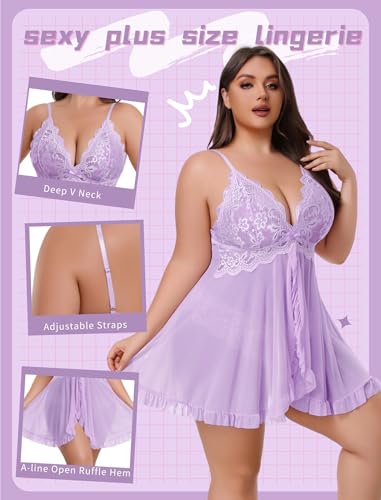 Image of Avidlove Plus Size Lingerie for Women Sexy Lingerie Dress Lace Babydoll Lingerie V-Neck Open Front Strap Nightdress