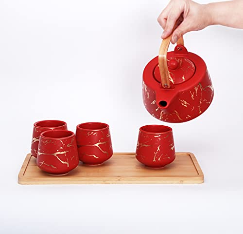 Fuji Merchandise Marble Design Tea Serving Set Wooden Tray Ceramic 37 Fl Oz Teapot With 4 Piece Porcelain Tea Cups 7 Fl Oz Modern Japanese Tea Set, Tea Pot Set For Home And Office Red Color #TOP2