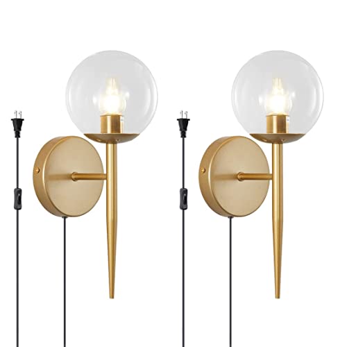 Image of BOKT 1 Light Brushed Gold Wall Sconce Light Set of Two Plug in Cord Mid Century Modern Globe Wall Sconce Set of 2 Plug in Clear Bubble Glass Bathroom Vanity Wall Lamp Plug in (Clear)