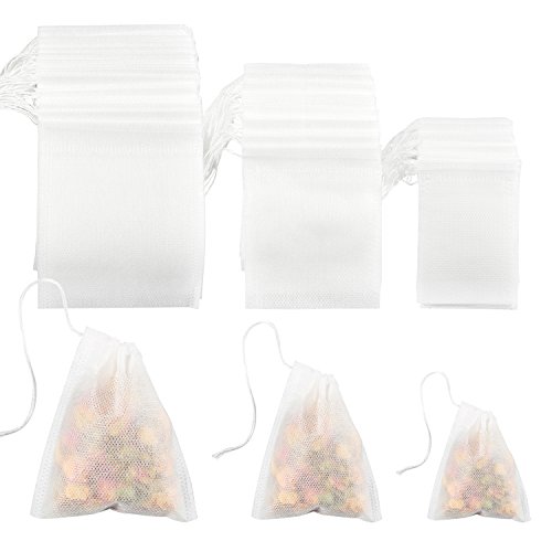Coobey 300 Pieces Tea Filter Bags Disposable Drawstring Tea Filter Bags for Loose Leaf Tea or Flower Fruit Teas (White Color, Mixed Sizes)