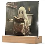 Funny Ghost Decor Gifts for Women Men, Witchy Decorations for Bathroom Acrylic Plaque with Wooden Stand, Ghost Reading Book Whimsigoth Black Bathroom Decor for Home
