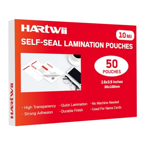 HARTWII 50 Pack Self Sealing Laminating Pouches for Small Business Card,10 Mil Thick Waterproof Double-Sided Self Adhesive Laminating Pouches,2.6x3.9 Inches, No Laminator Machine Needed